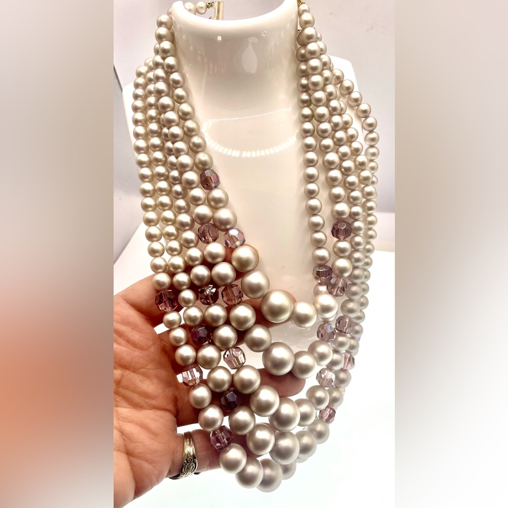Vintage Signed Japan Multistrand Beaded Necklace Aurora Borealis Crystals Bold